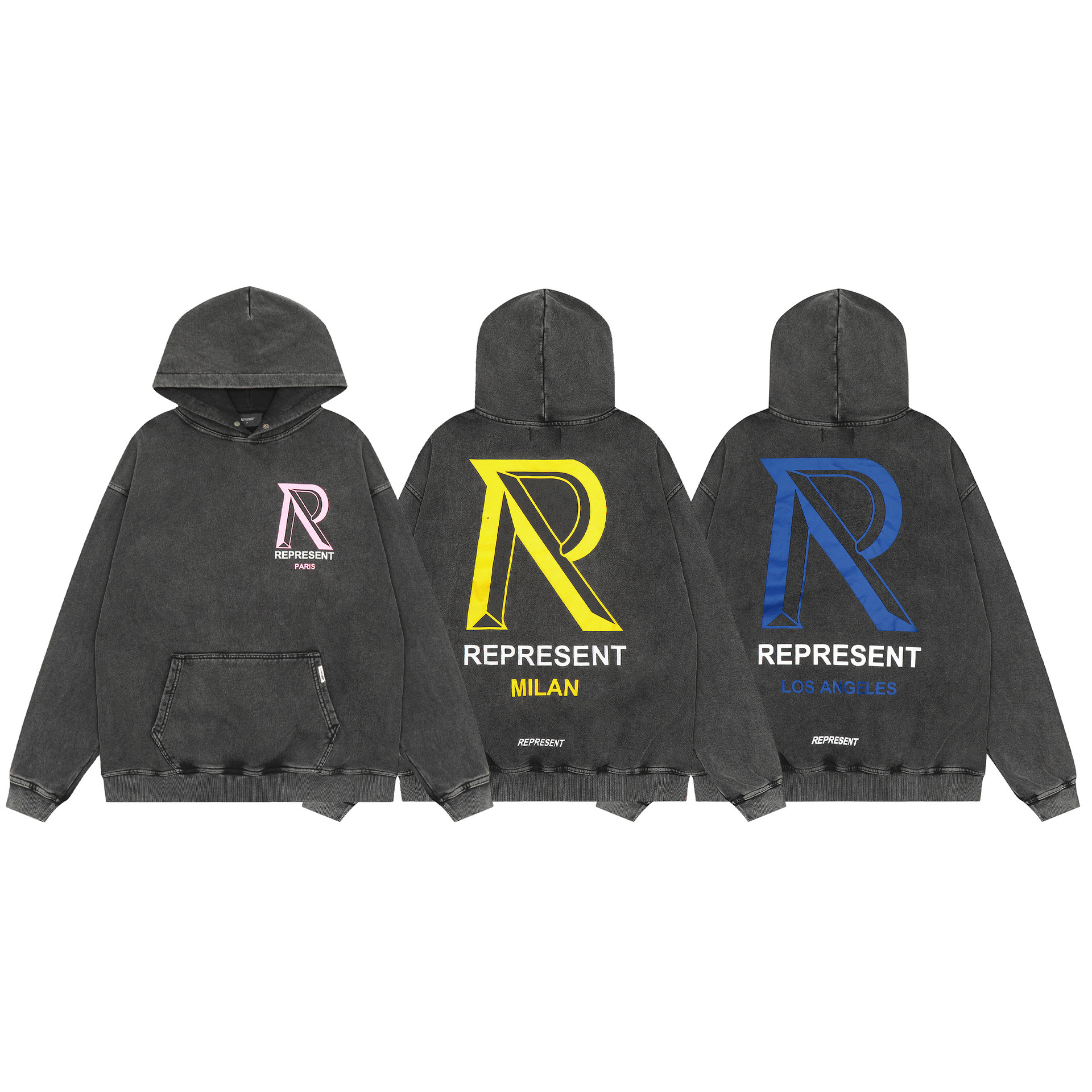 跨境美潮represent胸前r字母印花洗水做旧毛圈连帽卫衣帽衫男女秋