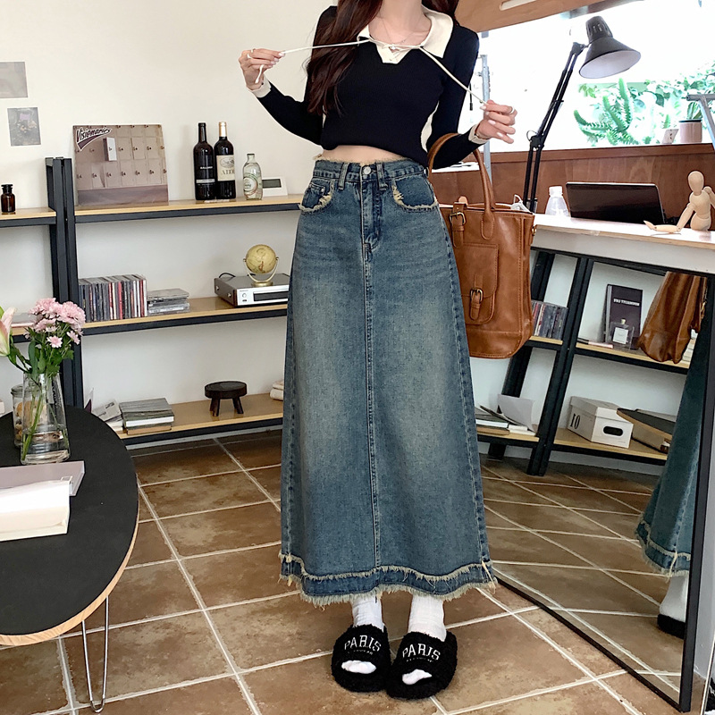   012 Non-Real Shot Personality Street Design Waist Hem Frayed Denim Skirt Korean Style High Waist Mid-ength Skirt