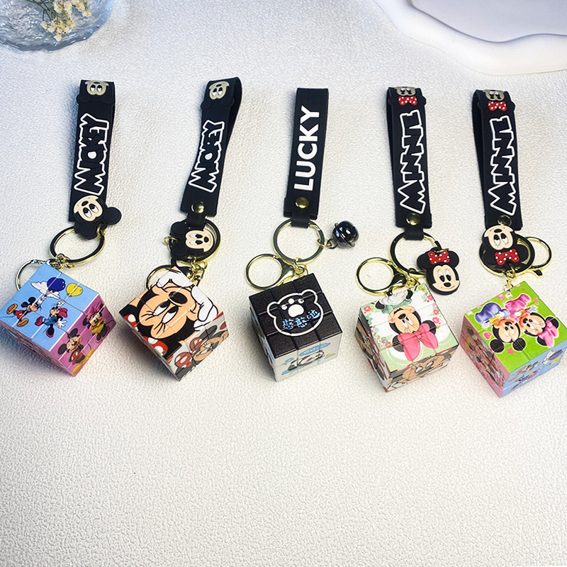 Creative Rubik's Cube Mickey Minnie Keychain Pendant Puzzle Decompression Cube Blocks Couple Bags Car Pendant Small Gift