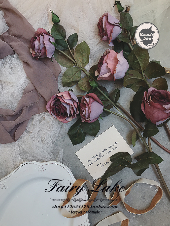 ins 玛丽皇后丝绒般的吻玫瑰仿真花 假花绢花 店油画宫廷欧美画廊