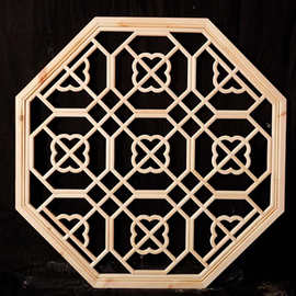 东阳木雕仿古实木中式装修灯罩吊顶圆形八角花格窗玄关多边木窗户