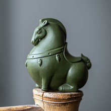 紫砂茶宠马小摆件创意手工茶道件绿泥生肖唐马茶具桌配件绿马装饰