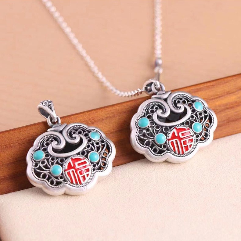 999纯银福字长命锁项链复古烧蓝足银银锁吊坠宝宝平安锁成人锁包