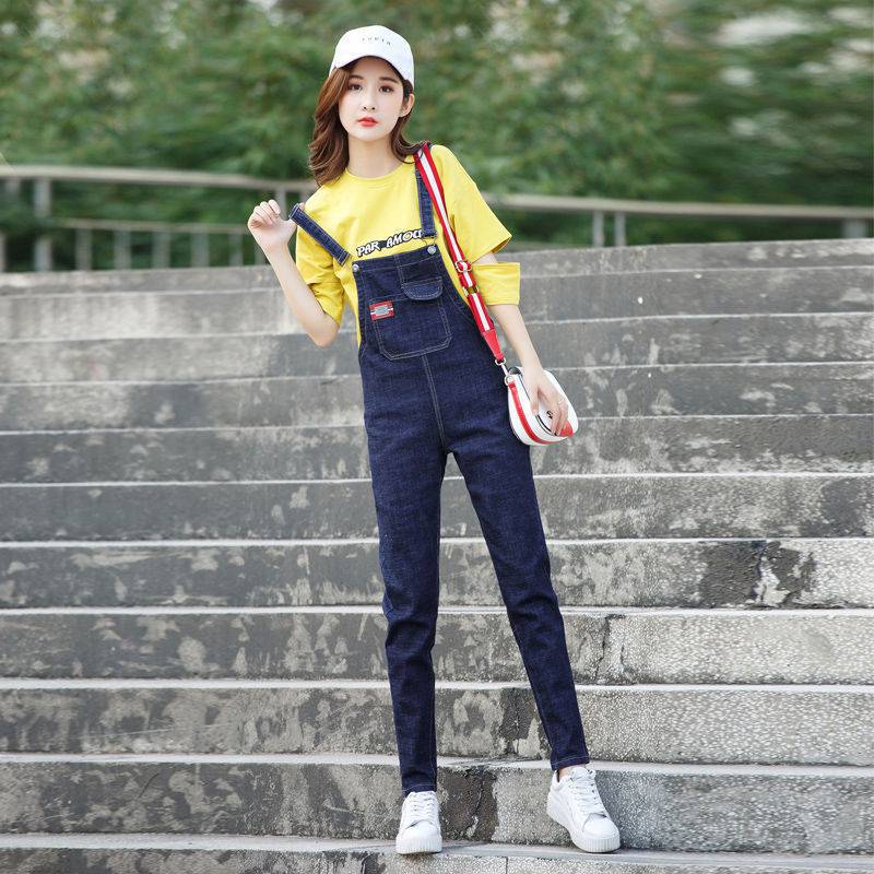 牛仔背带裤女学生韩版百搭吊带裤修身显瘦显腿长弹力紧身小脚裤潮