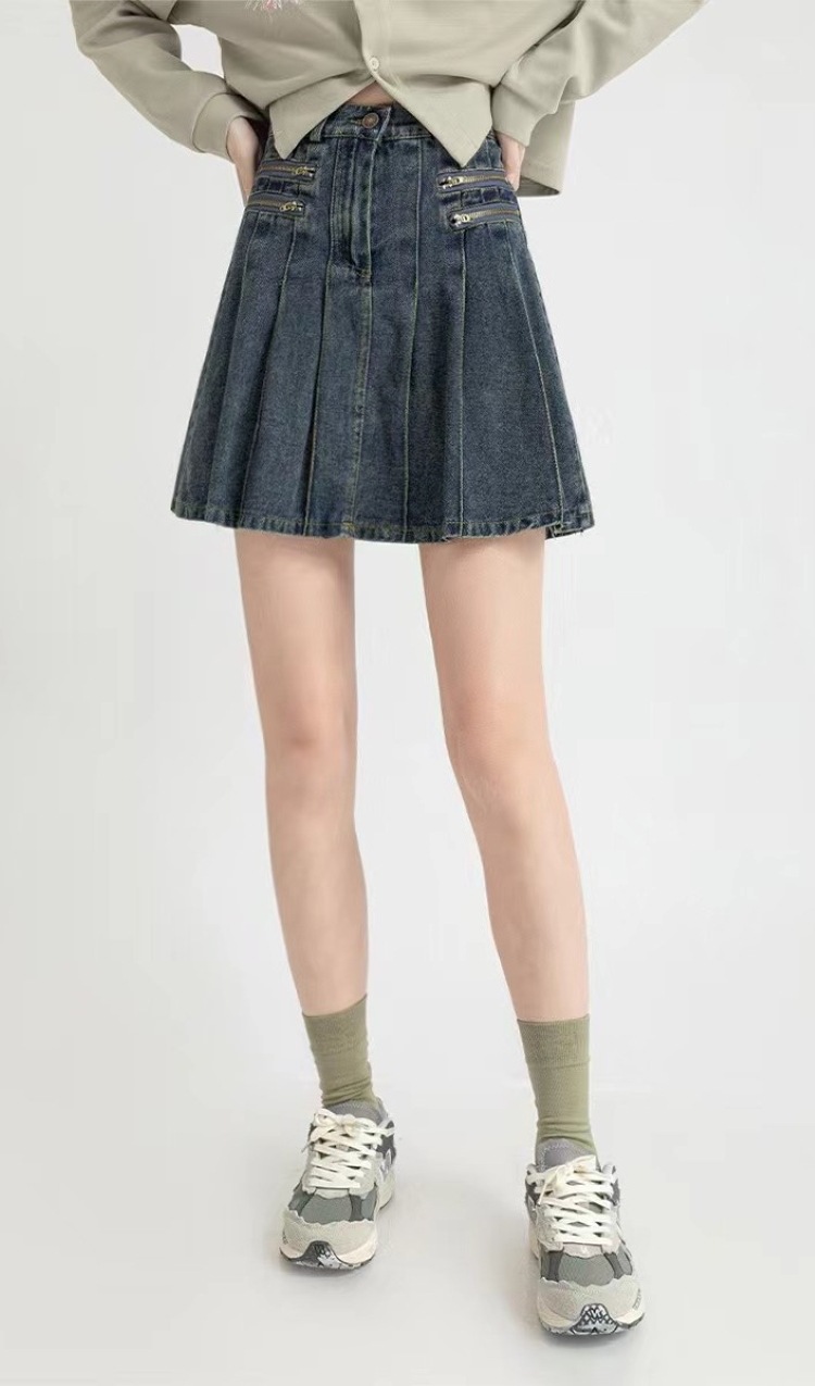 American Retro High Waist Slimming Pleated Half-Length Denim Short Skirt Women's Design Sense Niche Japanese Style Young Denim Skirt