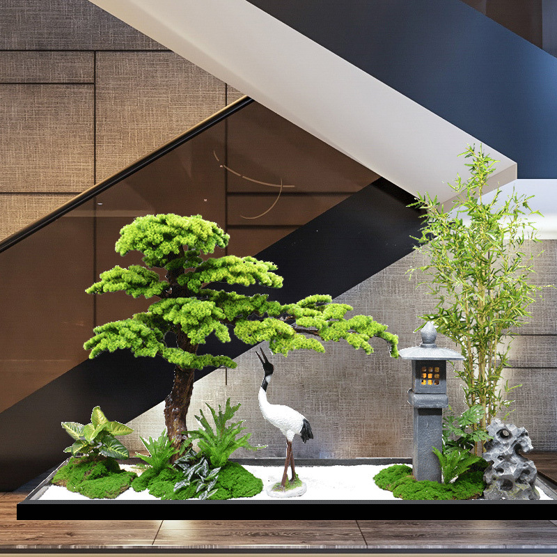 仿真迎客松景观假松树绿植物楼梯下假山石头罗汉松新中式造景布置