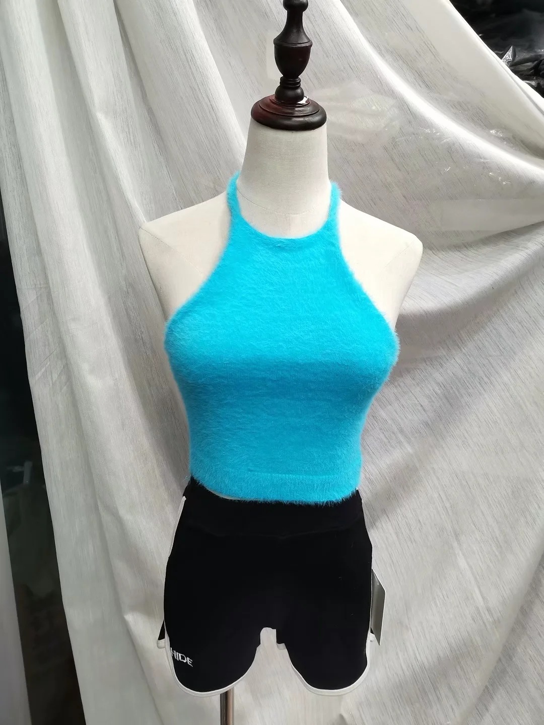 欧美ins新款辣妹性感修身挂脖系带毛绒背心女露背针织吊带背心潮