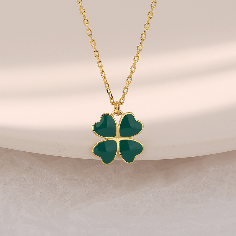 跨境s925纯银绿色四叶草项链女18k金色锁骨链幸运草吊坠链子现货