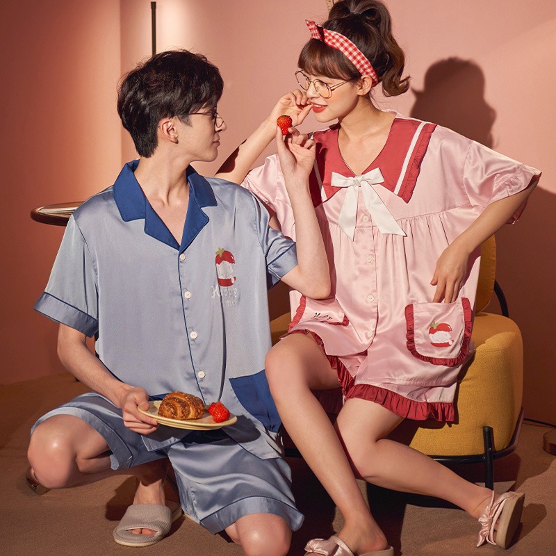 冰丝情侣睡衣夏季薄款短袖短裤男女士丝绸休闲大码宽松家居服批发