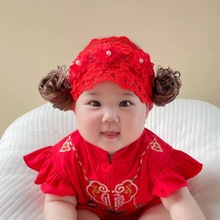 婴儿发带护囟门帽蕾丝女宝宝假发发带头饰百天周岁发饰大红色跨境