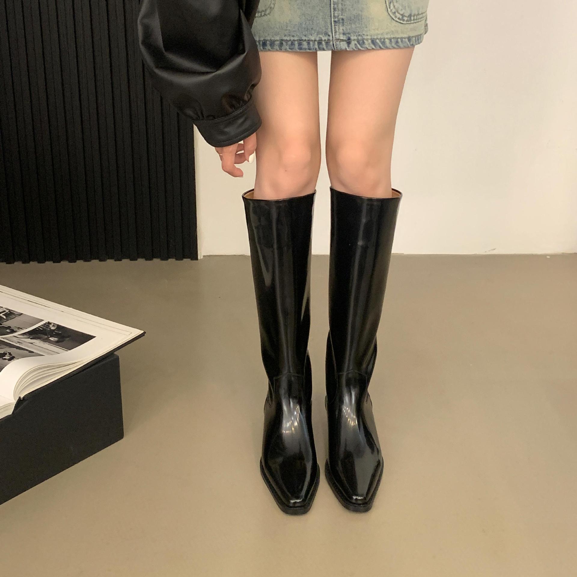 高筒靴女2024新款女靴冬韩版方头骑士靴长筒靴女式粗跟高跟靴子女