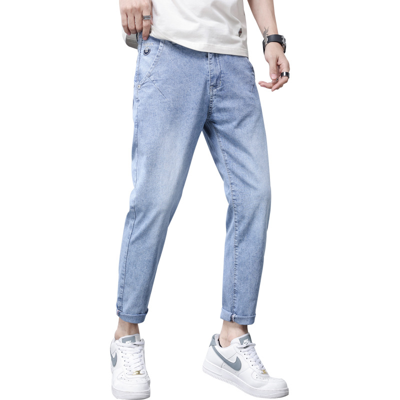 Cropped Jeans Men's Summer Thin Loose Straight Fashion Brand Ins Versatile Stretch Light Color Casual Cropped Pants