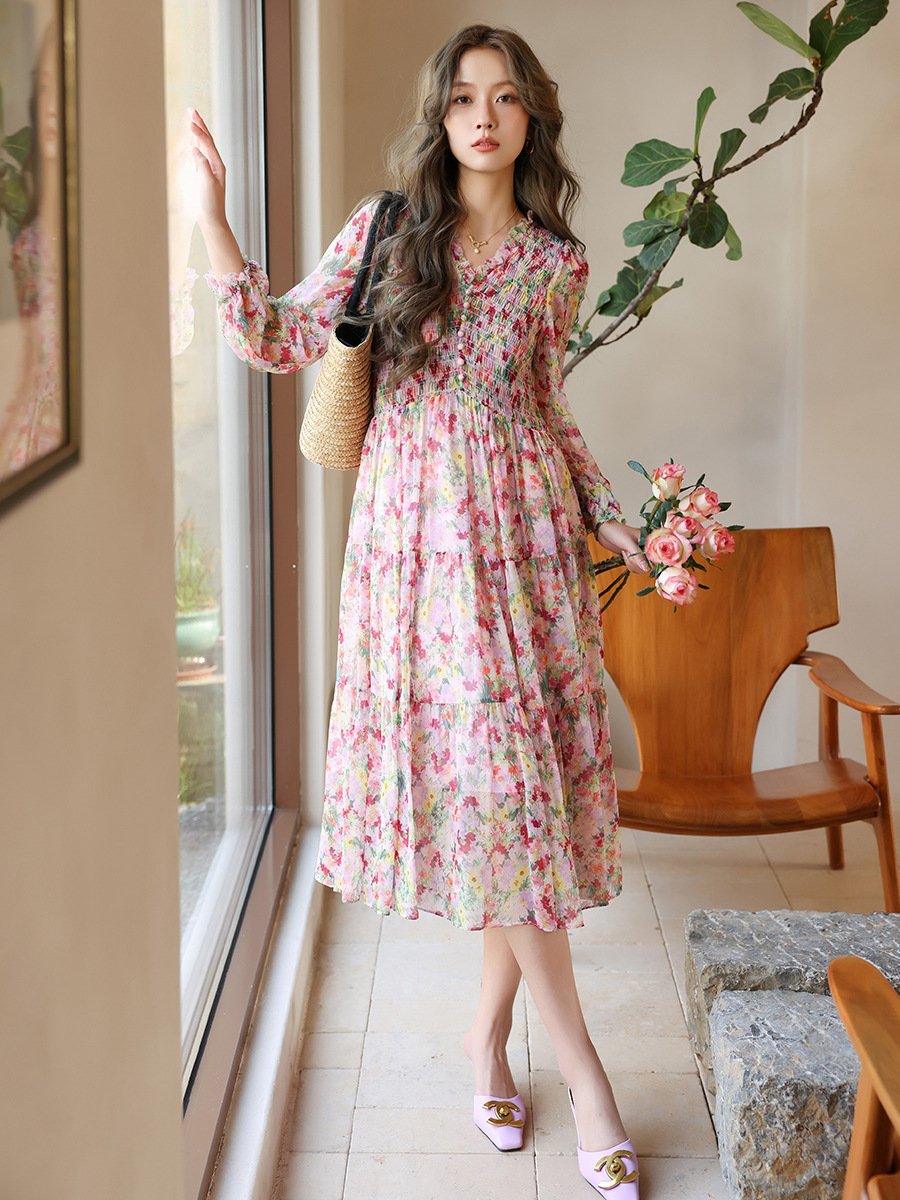 Rongtai Flower Blooming Summer Romantic Floral Silk Dress Early Spring Women's Clothing Elegant Pleated Silkworm