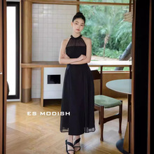 ES MODISH 夏季新品法式复古风蕾丝拼接设计无袖挂脖连衣裙长裙女