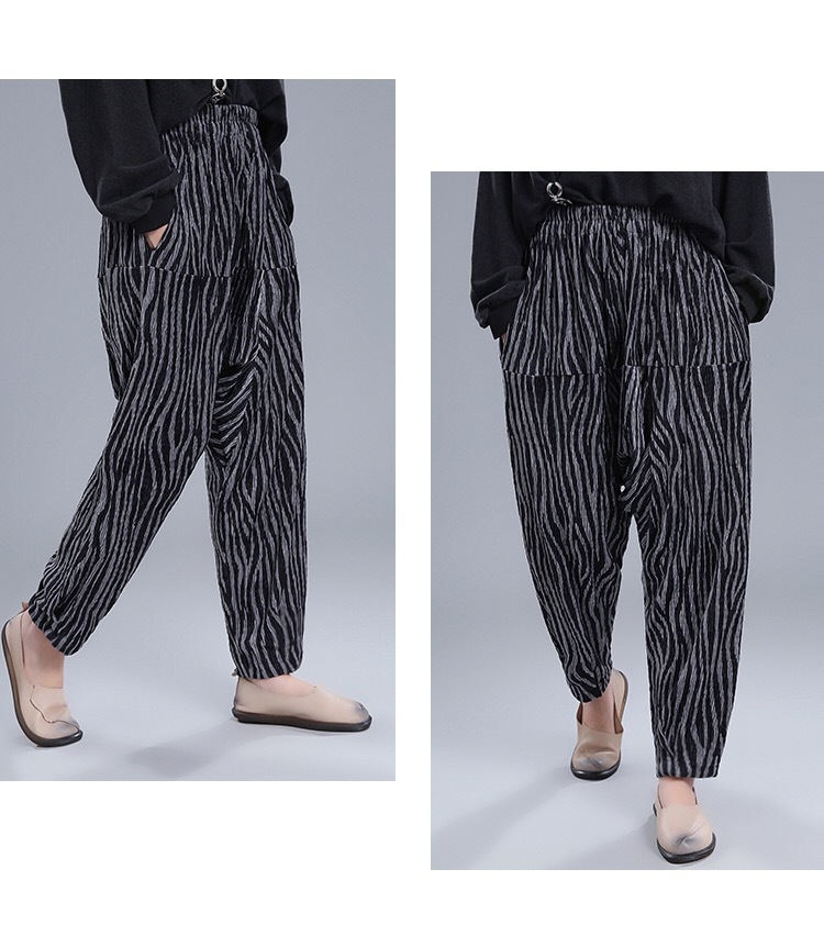 2021秋冬季新款女装文艺复古针织条纹加大阔腿吊裆裤休闲加厚裤子