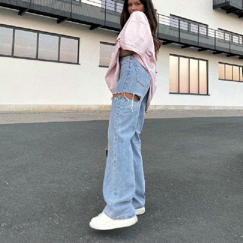   Manufacturer Denim Cross-Border Foreign Trade Women's Pants New Autumn Fashion Holes Washed Straight-eg Trousers Jeans Women