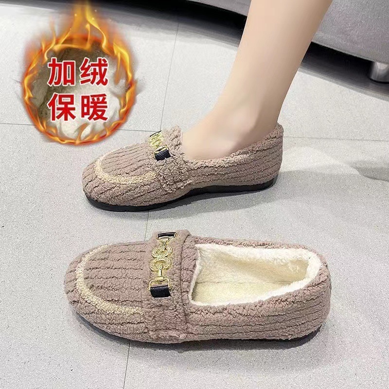 2023 Korean Style Loafers Women's Autumn and Winter Fleece-Lined Warm Slugged Bottom Cotton-Padded Shoes Fluffy Shoes Versatile Casual Shoes Slip-on