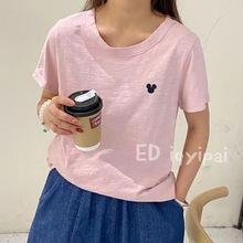 ed6879刺绣T恤女短袖竹节棉纯色棉宽松打底衫显瘦上衣