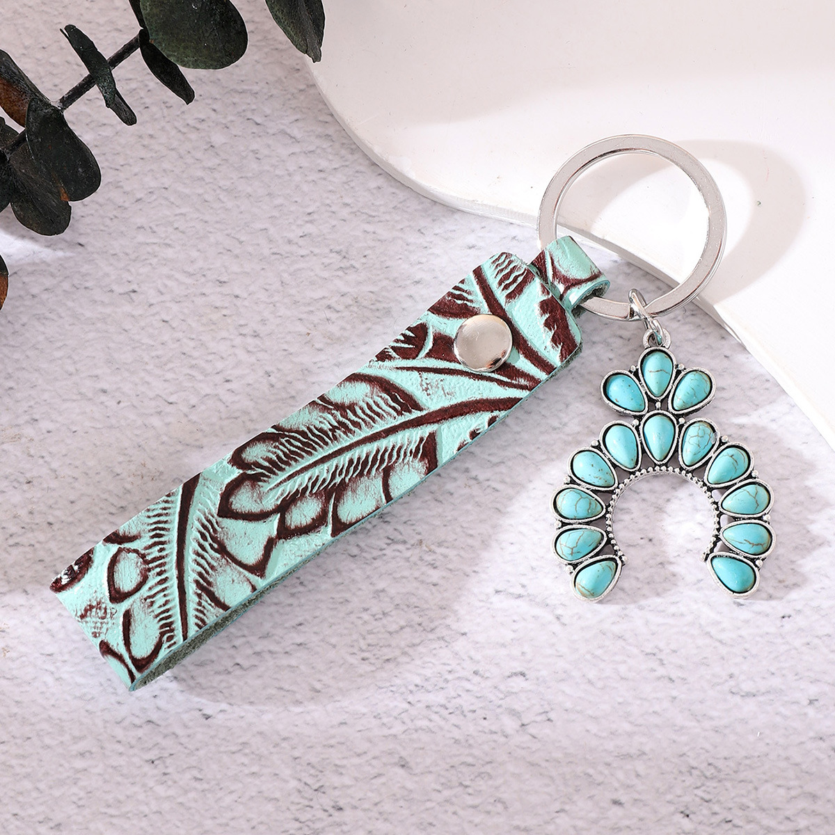 A Variety of Brown Leather Pattern Keychain Alloy Word Farm Sign Mother Natural Turquoise Cross-Border European and American Amazon