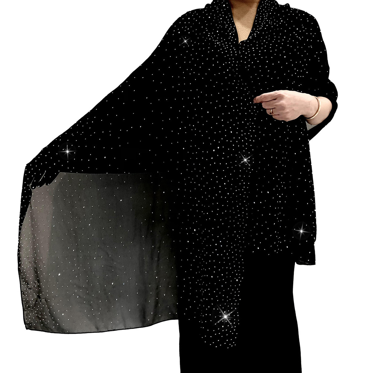 Best Seller in Europe and America New Pure Color Chiffon Starry Sky Hot Drilling Exquisite Elegant Dinner Style Extended Version High-End Women's Shawl