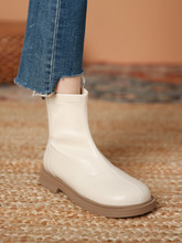 米白色后拉链单靴马丁靴女2024年春秋季学生厚底显瘦切尔西短靴