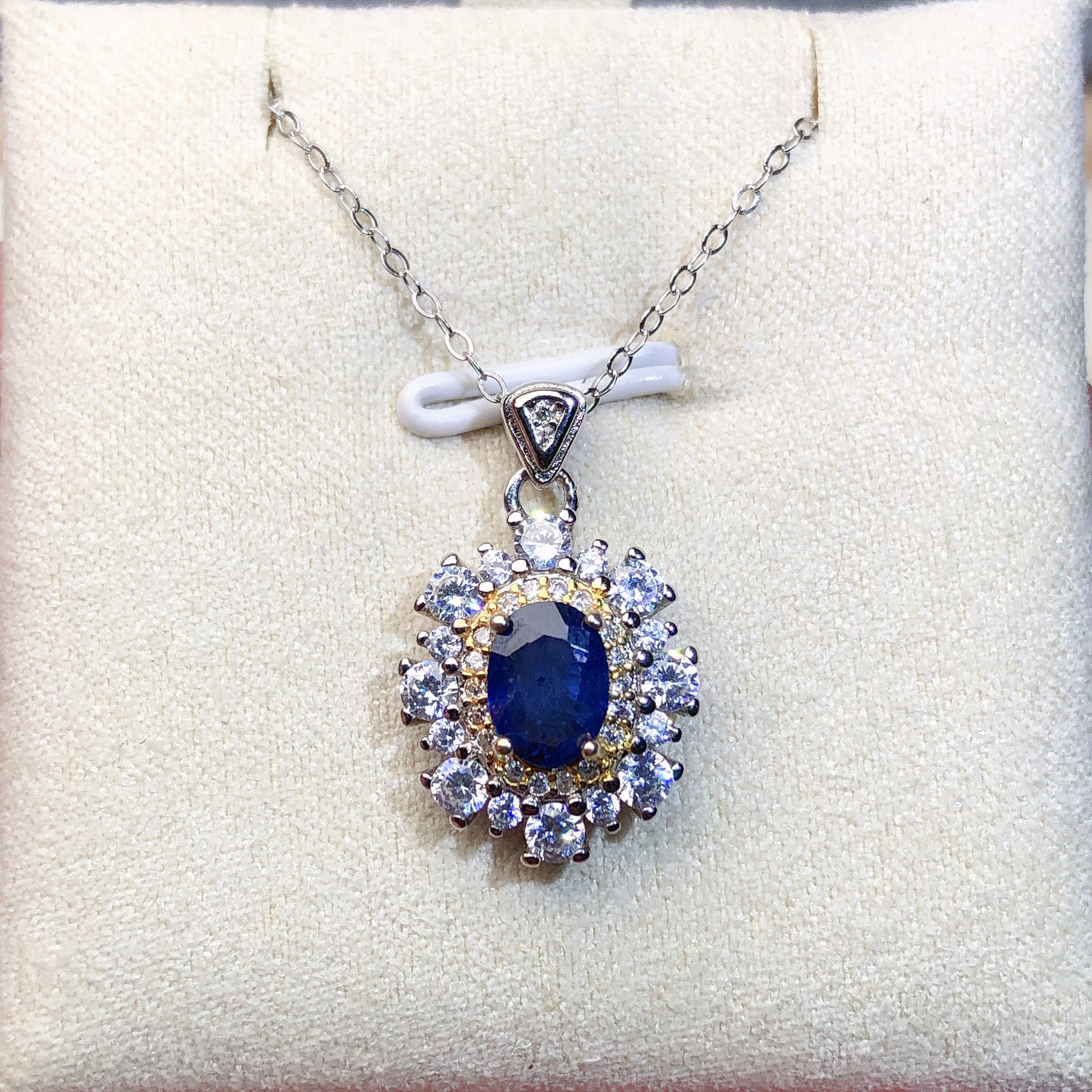 天然蓝宝石925通体银吊坠满钻双色豪镶大钻经典支持复检5*7mm