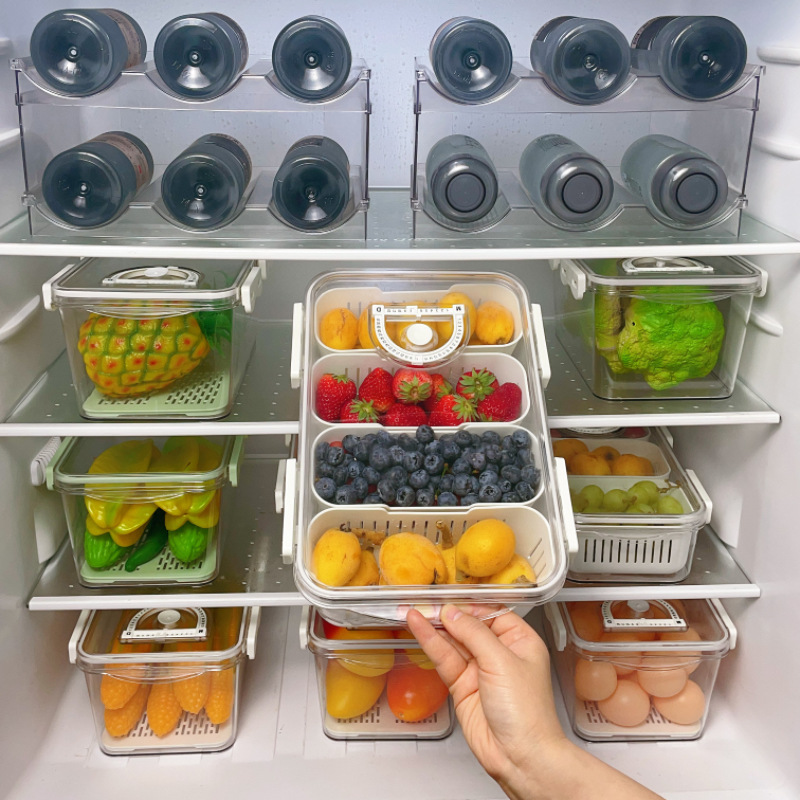 日式多格食品级塑料沥水篮保鲜盒厨房食品冷冻密封盒冰箱收纳盒