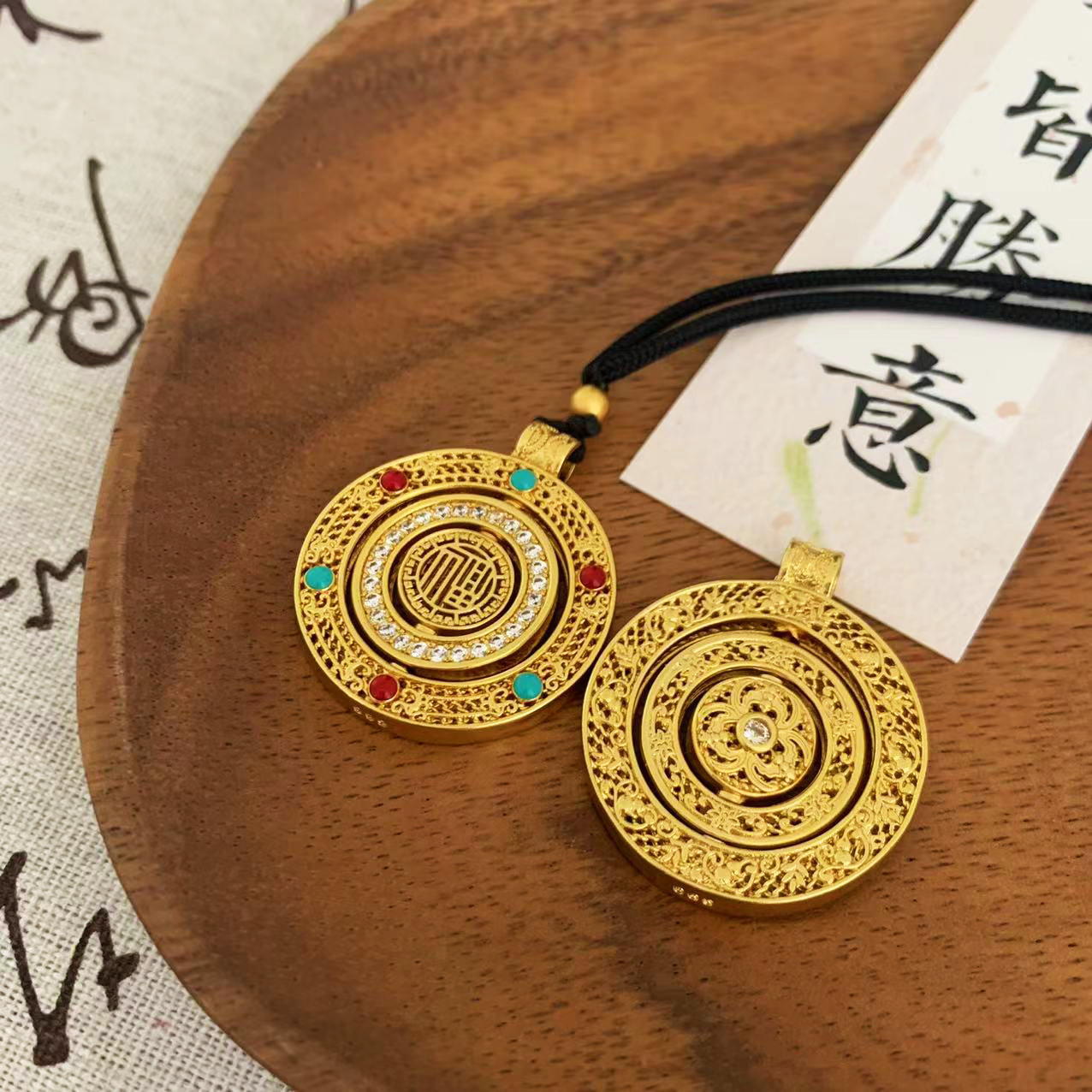 金店同款高品质沙金福字时来运转转动罗盘吊坠项链毛衣链新中式女