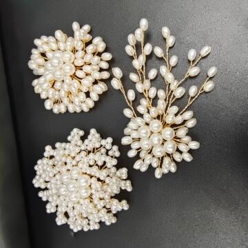 现货手工编织珍珠胸针 铜丝花 diy配件水晶珠花汉服鞋帽装饰配件