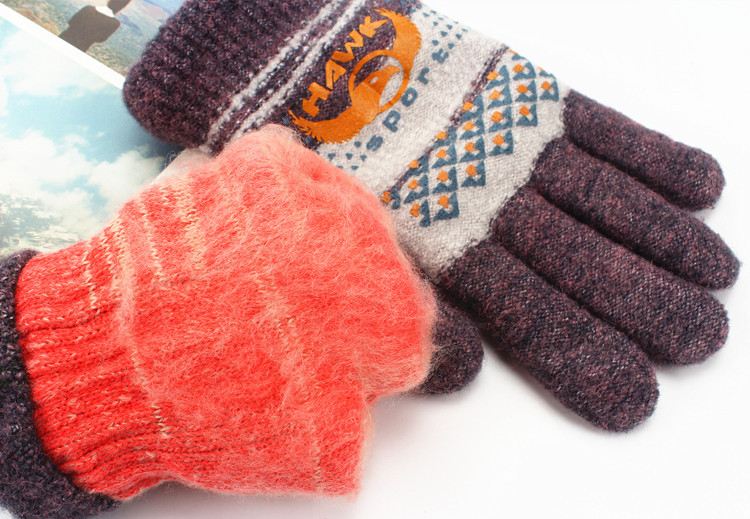 毛线双层手套男女冬季加绒韩版针织五指厚棉学生防寒保暖情侣手套