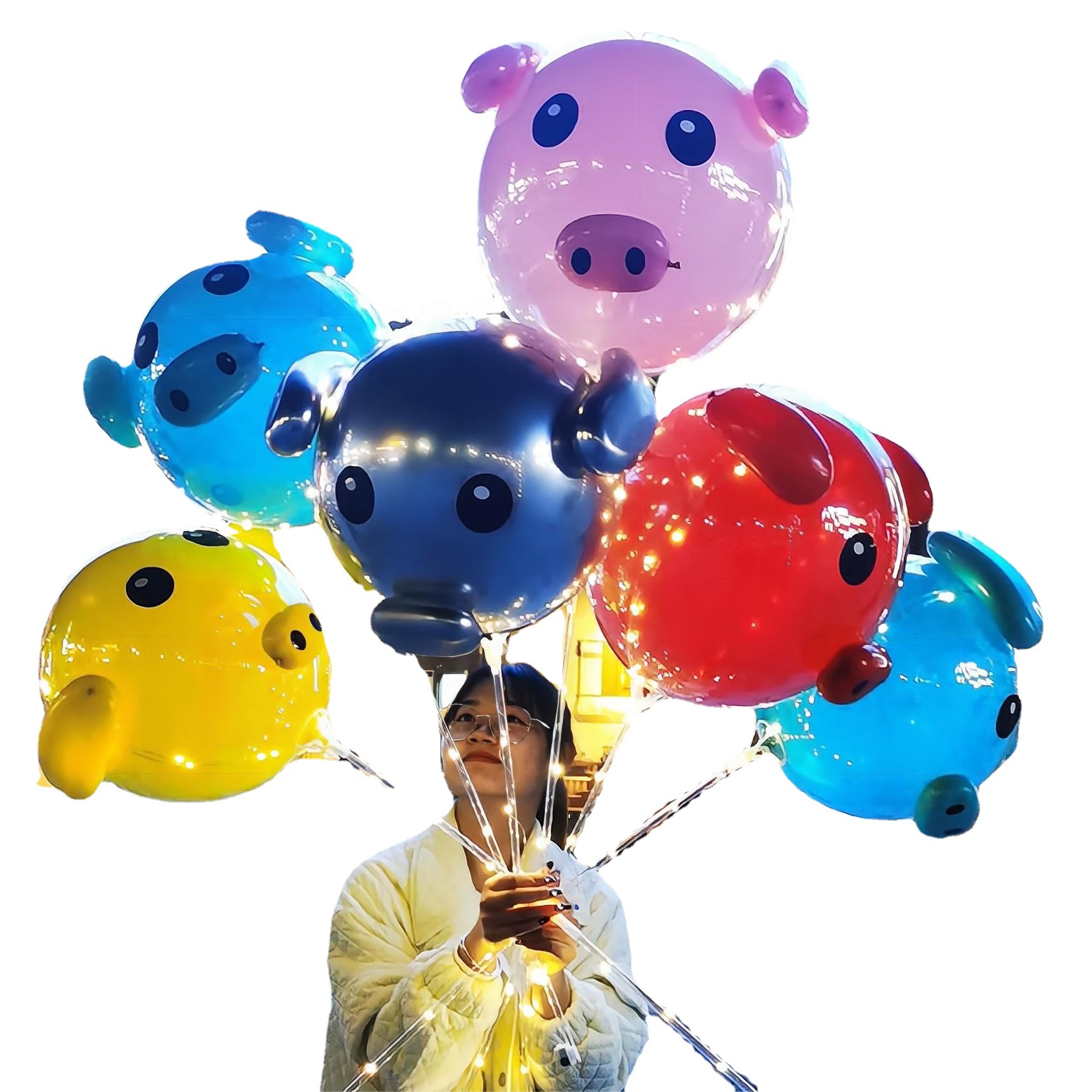 Tiktok Same Handheld Pig Bounce Ball Stall Night Market Handheld Floating Air Luminous Pink Pig Balloon Wholesale