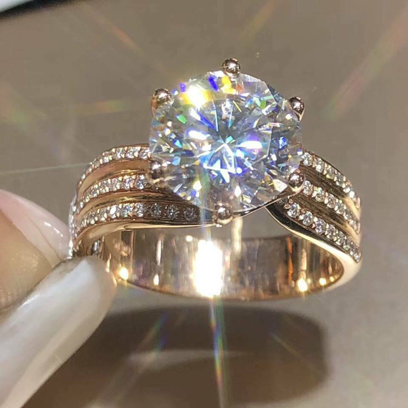 n524时尚潮流钻戒高档aaa锆石订婚戒指女经典六爪金色指环首饰
