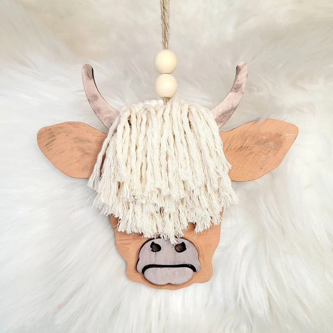 macrame car charm流苏牛角牛头挂件装饰高地牛家居挂饰车内挂件