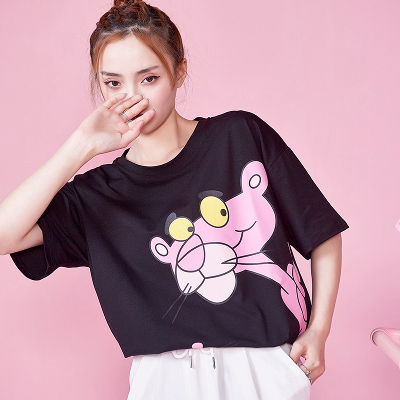 粉红豹新款女装女生短袖t恤大版女士短袖t恤女打底衫宽松大码上衣