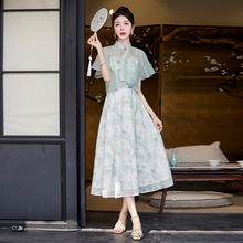 新中式绿色小清新盘扣高端改良吊带裙两件套旗袍国风印花连衣裙潮