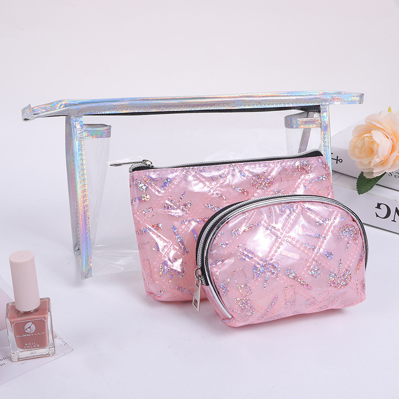 New Iridescent Transparent Cosmetic Bag Portable Portable Storage Bag Multi-Functional Toiletries Bag Three-Piece Set Mother and Child Bag Wholesale