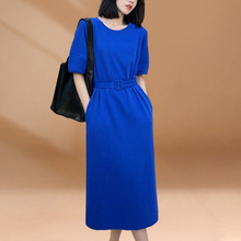 克莱因蓝连衣裙女夏季2024新款设计感小众收腰显瘦休闲长款t恤裙