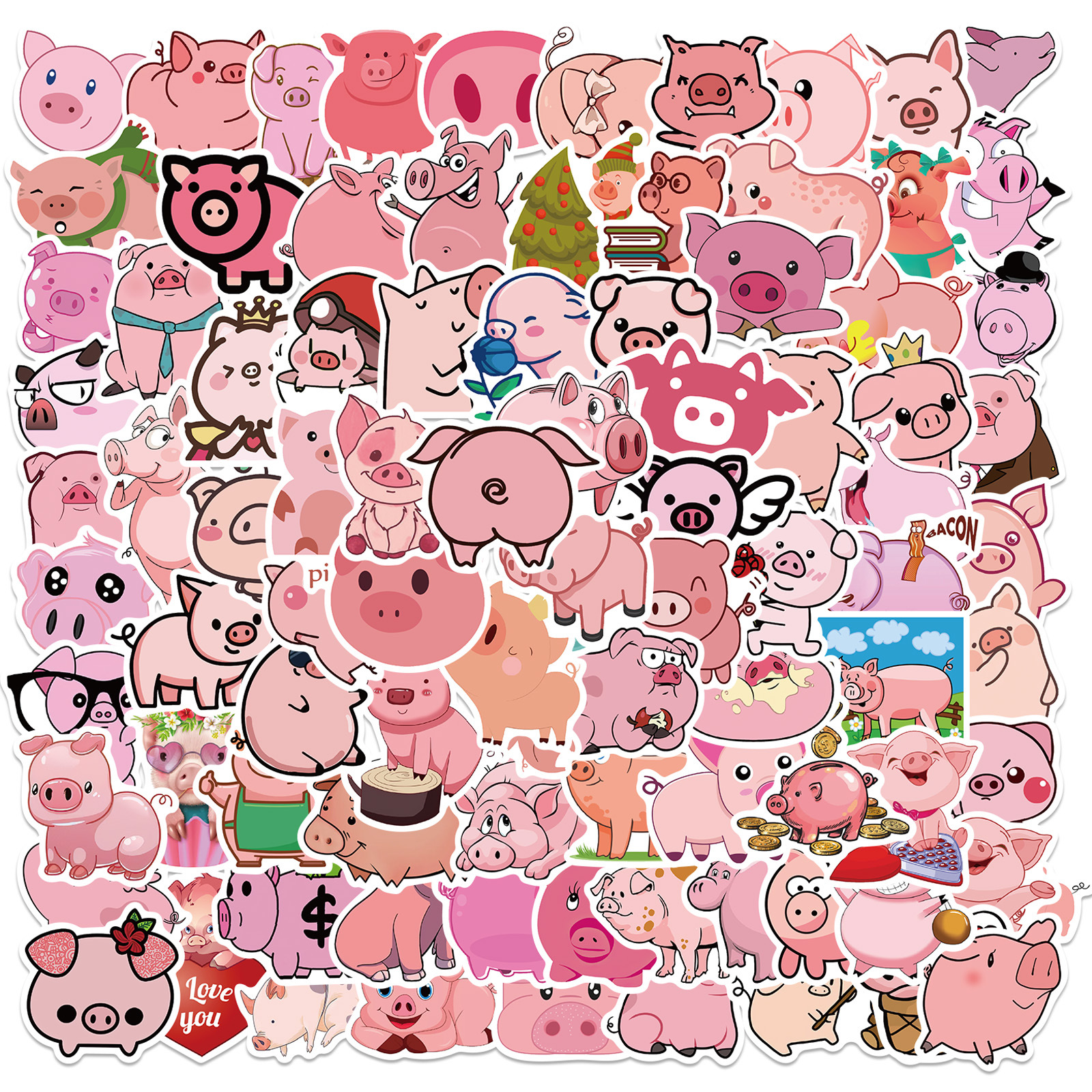 100张粉色小猪涂鸦贴纸个性装饰摩托车行李箱防水贴画跨境可批发