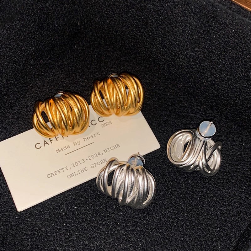 earrings jewelry circle light luxury high-grade ear studs earrings female exaggerated frosted vintage matte silver line earrings