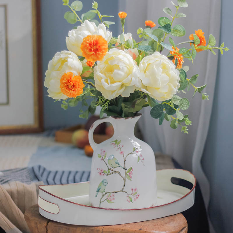 新中式简约花瓶陶瓷带把手仿真花插花器家居饰工艺品台面餐桌