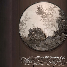 新中式圆形入户玄关画太湖石喷绘装饰画茶室走廊过道抽象挂画对门