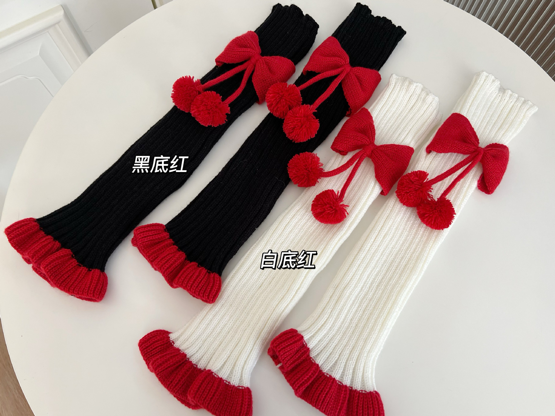 Chinese Red New Year Socks Christmas Leg Warmer Cute Bow Girl Hairy Ball Lace Color Matching Knitted Warm Foot Sock