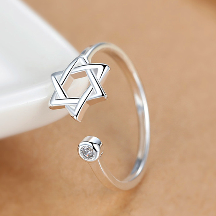 简约小清新六芒星戒指女开口韩版个性光面星星镶钻锆石指环手饰品