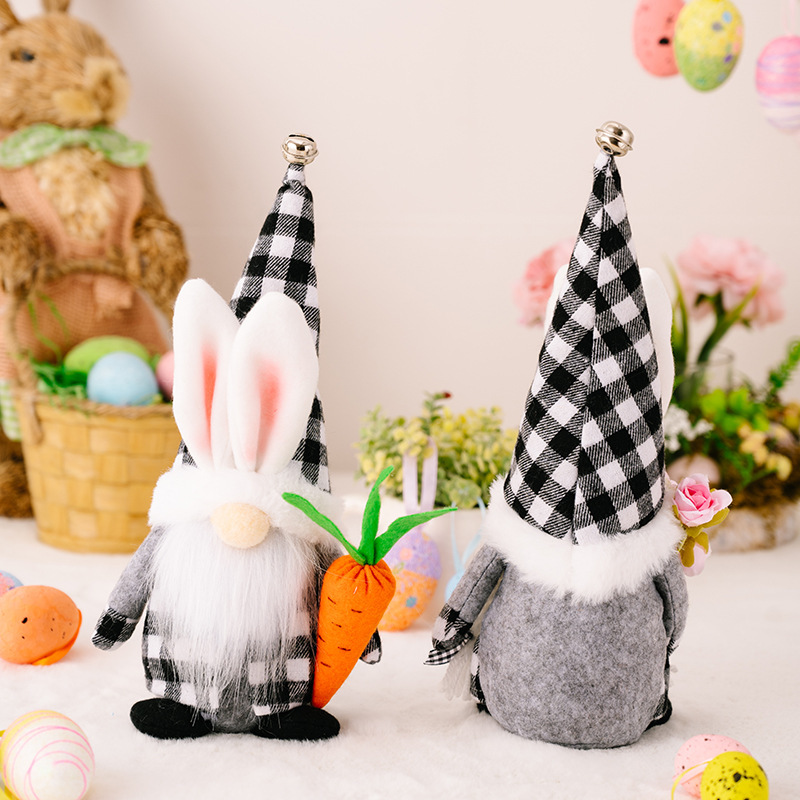 Cross-Border Easter Rabbit New Black and White Plaid Plush Ground White Beard Old Doll Decoration Factory Direct Sales