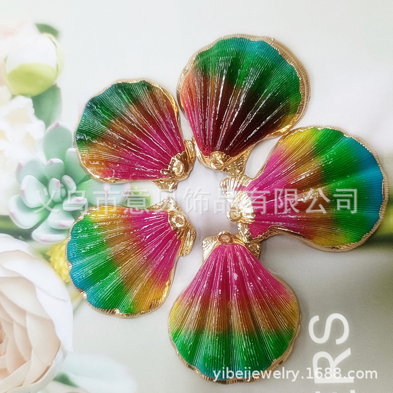 Electroplating Hemming Dyed Thick Scallop Gold-Plated Edge Gradient Colorful Scallop Semi-Finished Earrings Pendant Parts Wholesale