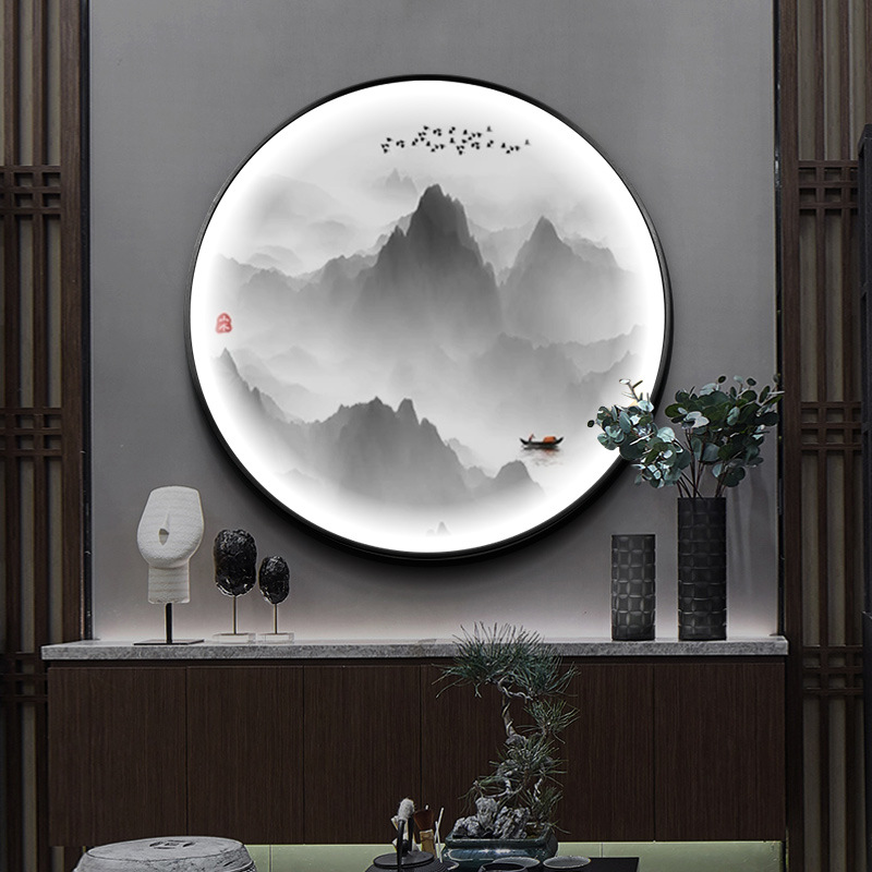 Round Led Home with Light Entrance Painting New Chinese Landscape Tea Room Study Hanging Painting Aisle Corridor Mural