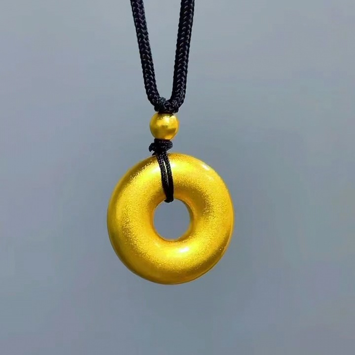 古法平安扣吊坠 黄金色素圈黑绳挂坠仿沙金中国风复古同心圆项链