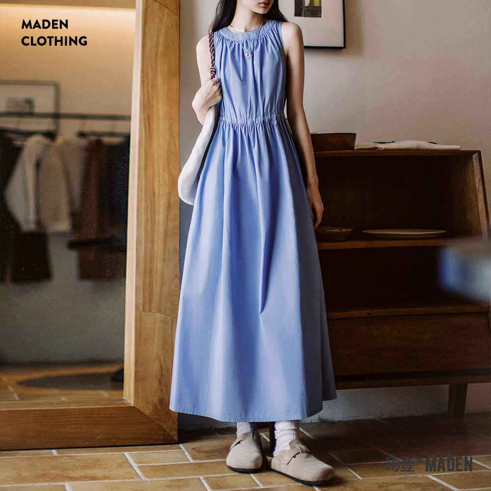 马登浅秋系baby蓝无袖连衣裙休闲沙滩度假长裙秋夏法式抽褶裙子女