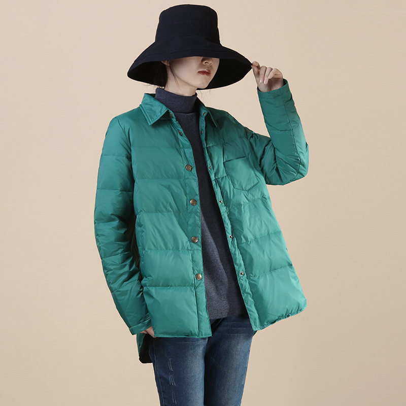 冬季轻薄保暖白鸭绒衬衣式羽绒服女拼接外穿衬衫修身内胆打底