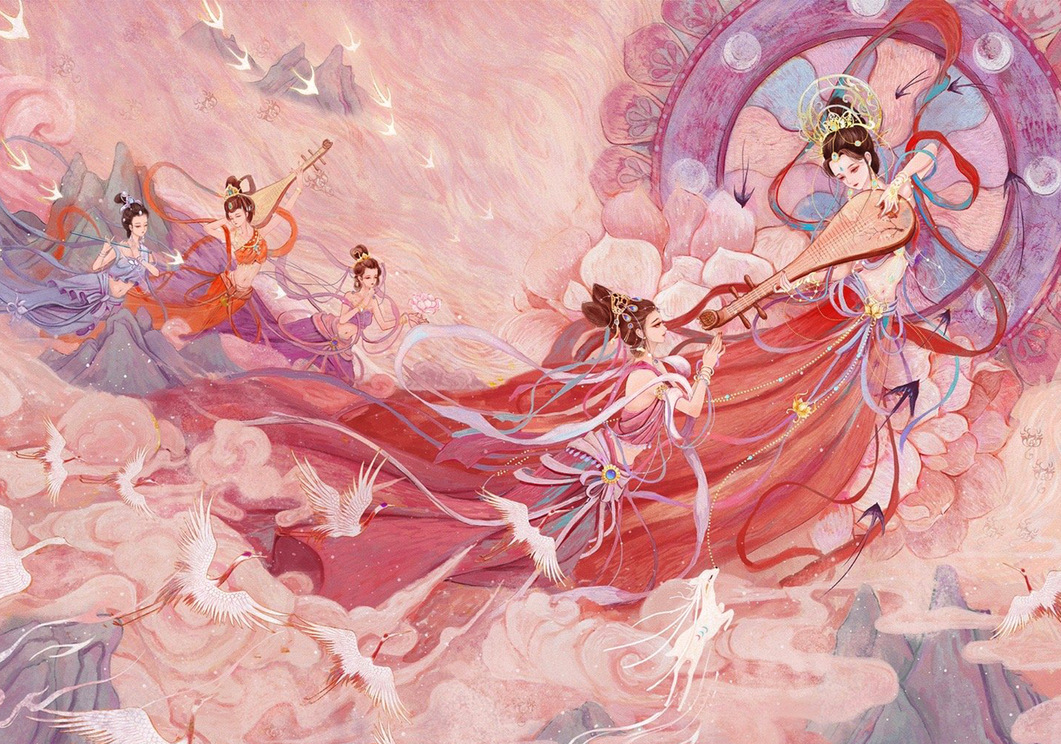 敦煌飞天仙女琵琶仙鹤祥云人物印花十字绣